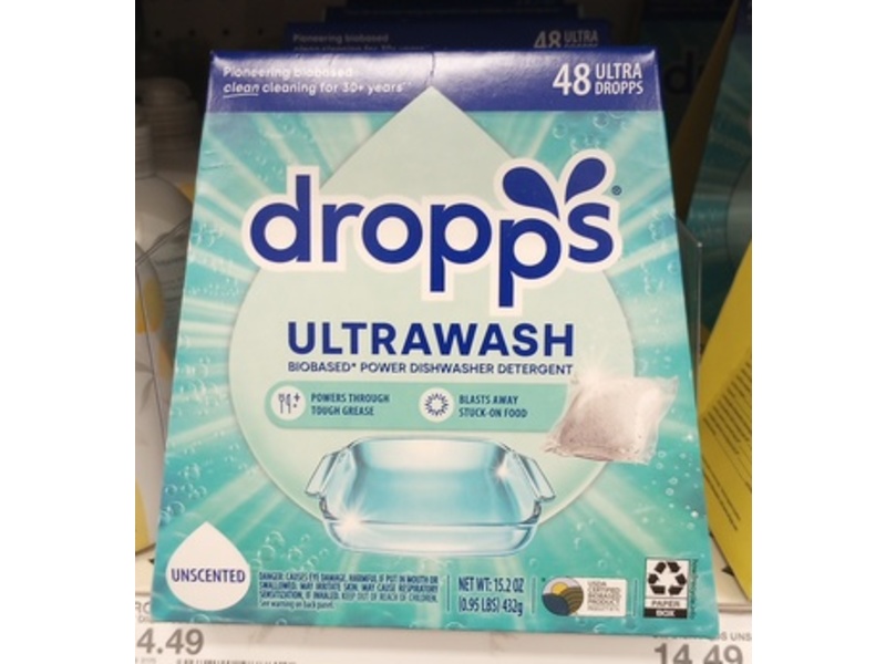 Dropps UltraWash Biobased Power Dishwasher Detergent Pods, 48 Loads, Unscented, 14.2 oz/432 g