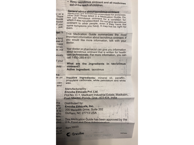 Tacrolimus Ointment 0.1%, 30 g, Encube (Rx)