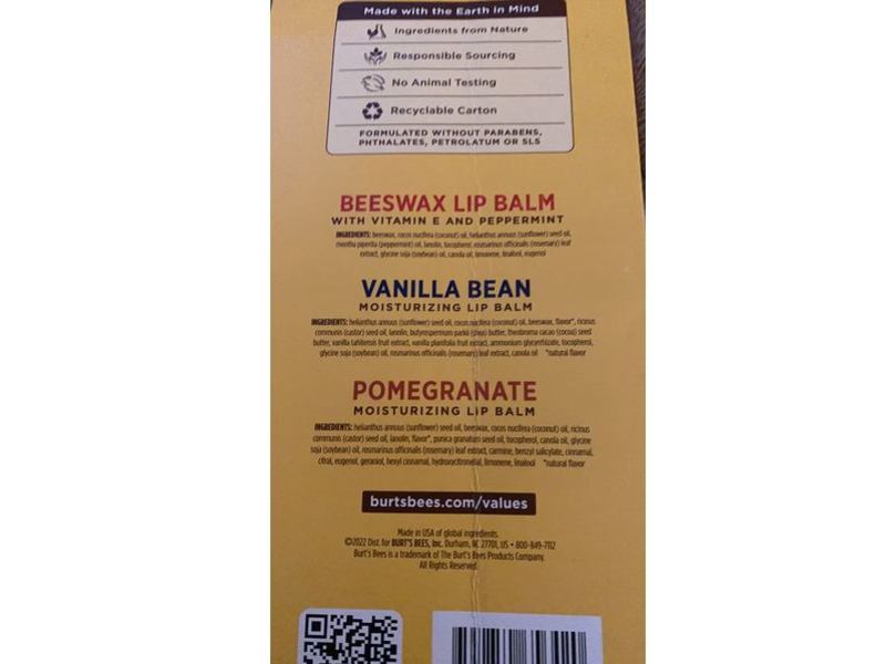 Burt's Bees The Original Moisturizing Lip Balm, Beeswax, Vanilla Bean & Pomegranate, 0.15 oz/4.25 g, Pack Of 12