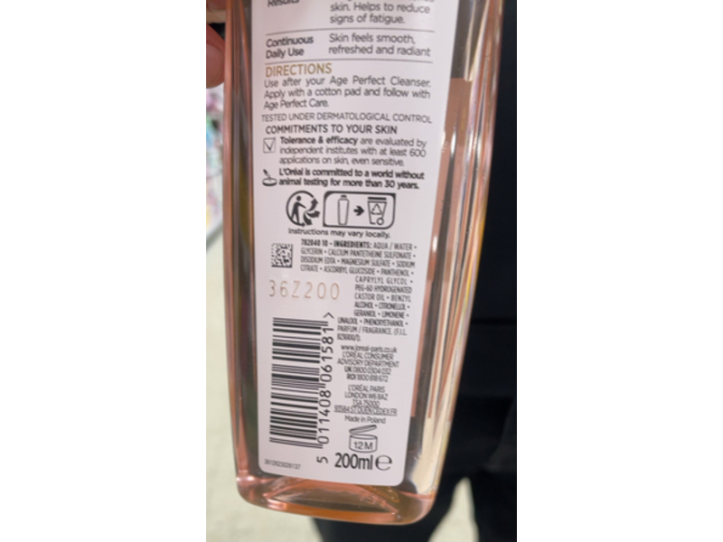 L'Oreal Paris Age Perfect Smoothing & Anti Fatigue Refreshing Toner, Vitamin C + Vitamin B5, 200 mL