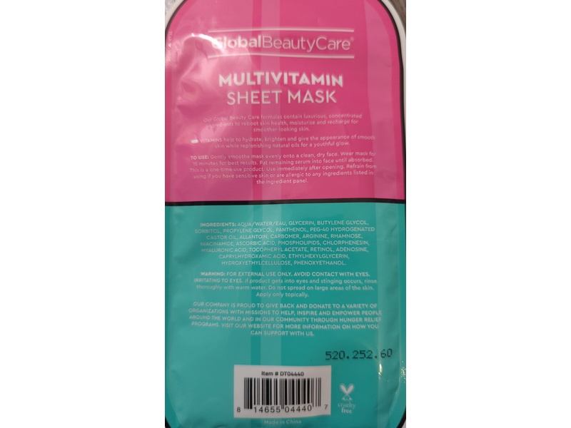 Global Beauty Care Multivitamin Sheet Mask, Vitamin B3, B5, A, C & E, 0.80 fl oz/25 mL, 1 Count