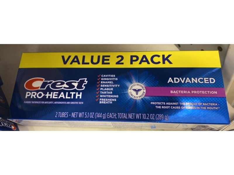 Crest Pro-Health Advanced Fluoride Toothpaste, Bacteria Protection, 5.1 oz/144 g, Pack Of 2
