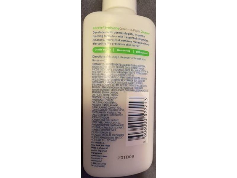 Cerave Hydrating Cream-To-Foam Cleanser, Normal To Dry Skin, 3 fl oz/87 ml