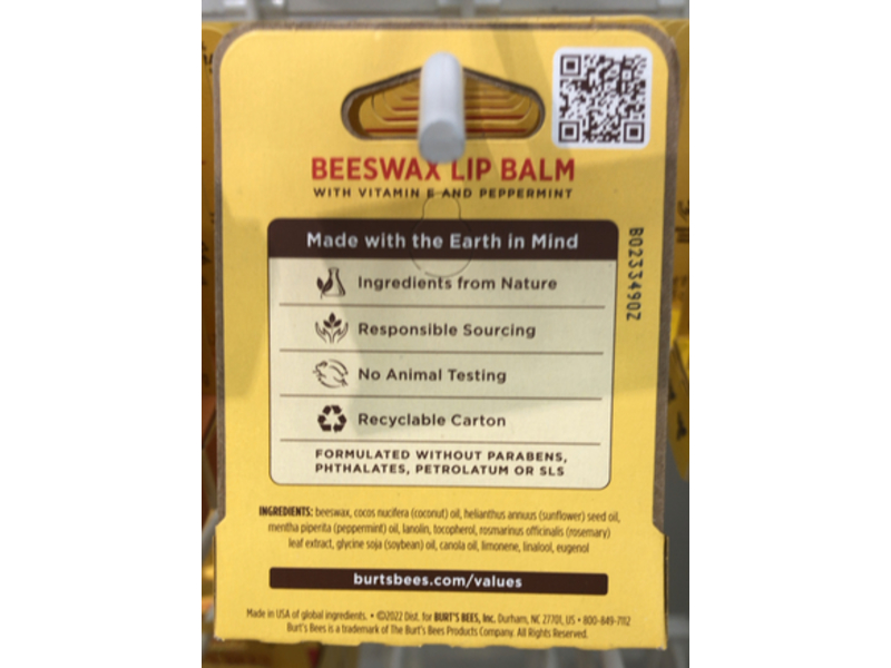 Burt's Bees Beeswax Lip Balm, Vitamin E & Peppermint, 0.15 oz/4.25 g