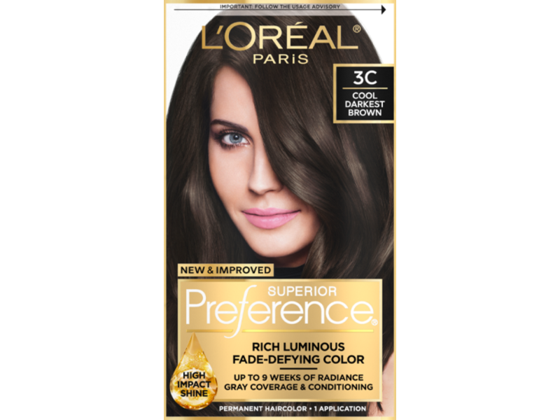L'Oreal Paris Superior Preference Fade-Defying Permanent Hair Color, 2C Cool Darkest Brown, 1 Application