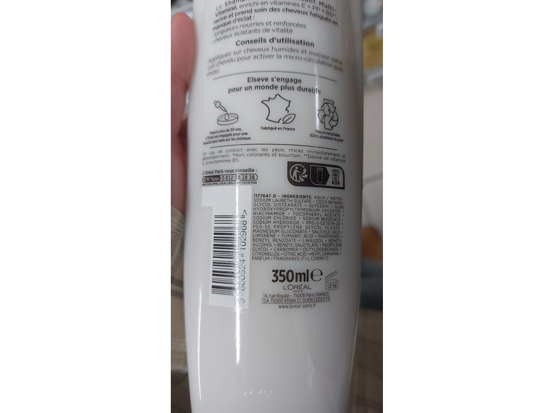 L'oreal Paris Elseve Multi-Vitamin Shampoo, Vitamines E+PP+B5, 350 mL