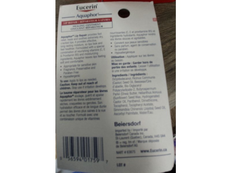 Eucerin Aquaphor Lip Repair Healing Ointment, 10 mL
