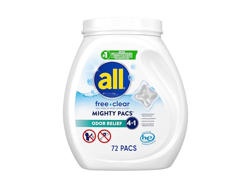 All 4 In 1 Free Clear Mighty Pacs Detergent Pacs, Odor Relief, 55.7 oz/1.58 Kg, 72 Count