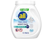 All 4 In 1 Free Clear Mighty Pacs Detergent Pacs, Odor Relief, 55.7 oz/1.58 Kg, 72 Count - thumbnail 1