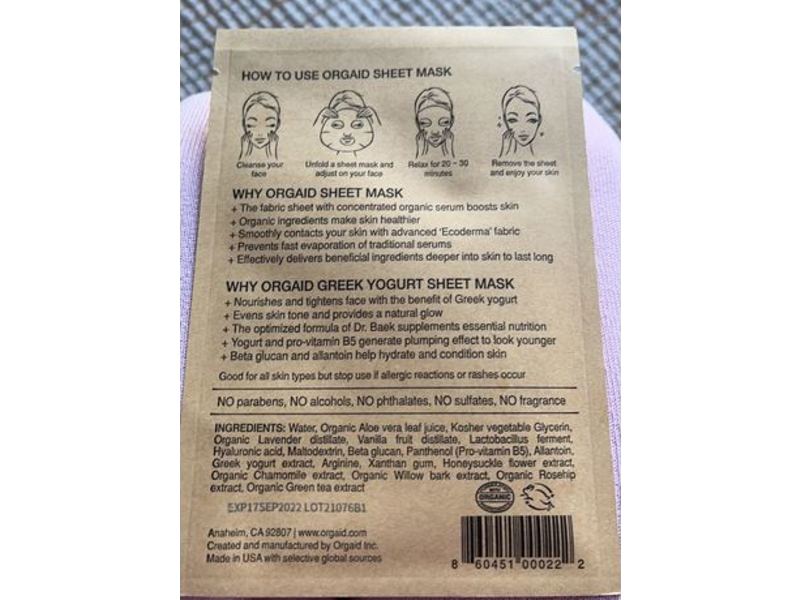 Orgaid Organic Sheet Mask Greek, Yogurt & Nourishing, 0.8 fl oz/24 mL