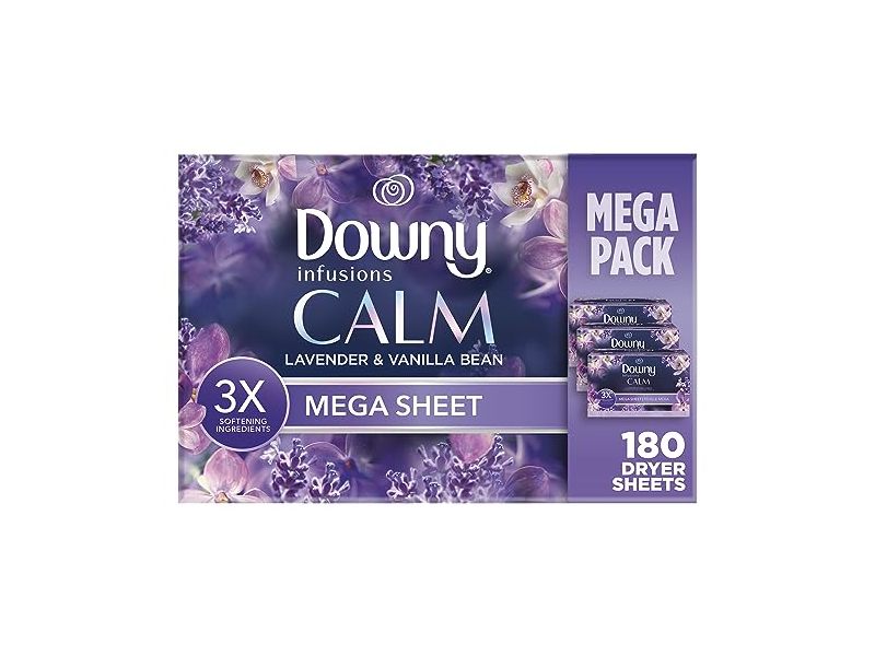 Downy Infusions Calm Fabric Softener Mega Dryer Sheets, Lavender & Vanilla Bean, 180 Count