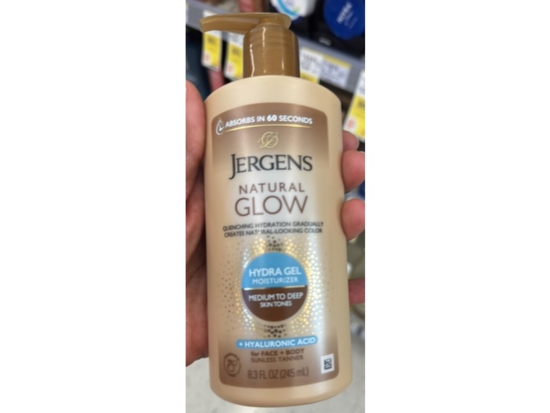 Jergens Natural Glow Hydra Gel Face & Body Moisturizer, Medium To Deep, Hyaluronic Acid, 8.3 fl oz/245 mL