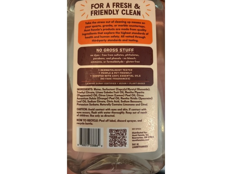 Aunt Fannie's Granite & Stone Cleaner, Bright Lemon, 16.9 oz/500 mL