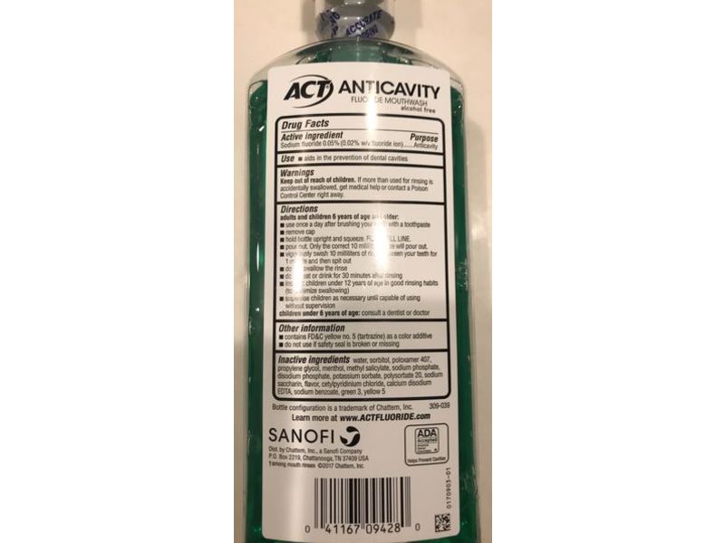 Act Anticavity Fluoride Mouthwash, Zero Alcohol, Mint, 18 fl oz/532 mL
