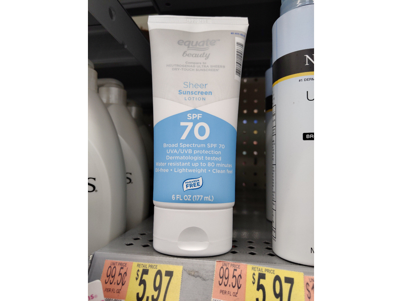 Equate Beauty Sheer Sunscreen Lotion, SPF 70, 6 fl oz/177 mL