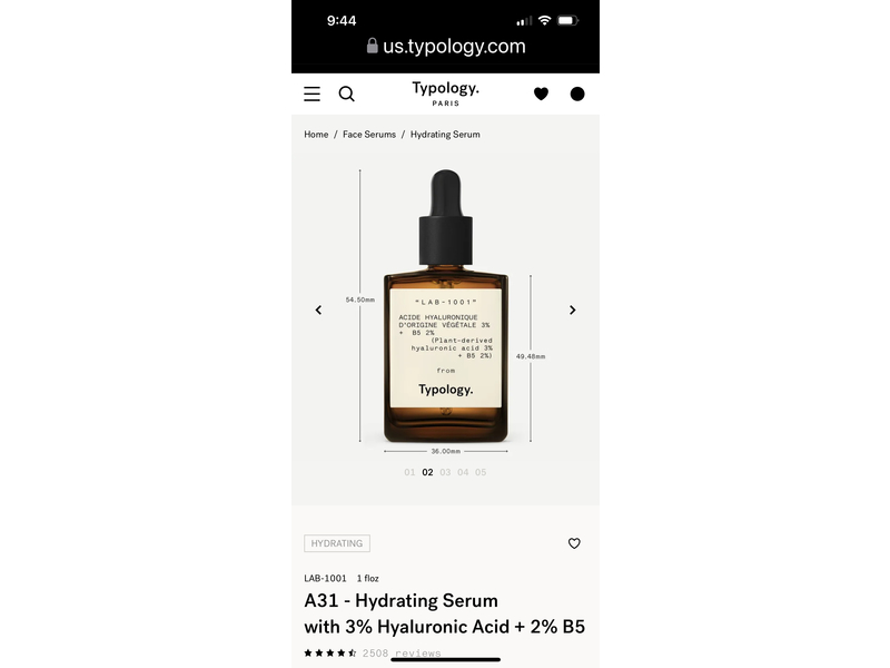 Typology A31 Hydrating Serum, 3% Hyaluronic Acid + 2% B5, 1 fl oz/30 mL