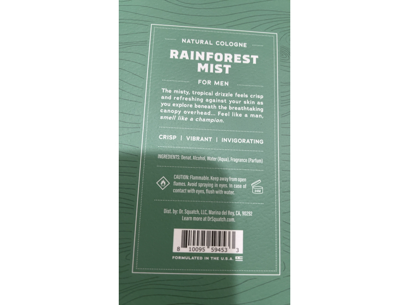 Dr. Squatch Natural Cologne, Rainforest Mist, 1.7 oz/50 mL