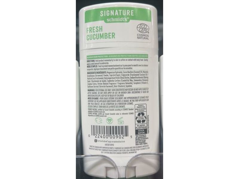 Schmidt's Natural Deodorant, Fresh Cucumber, 2.65 oz/75 g, Pack Of 4