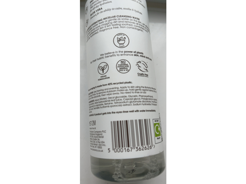 Botanics Hydrating Micellar Cleansing Water, Snow Mushroom & Aloe Vera, 13.52 fl oz/400 mL