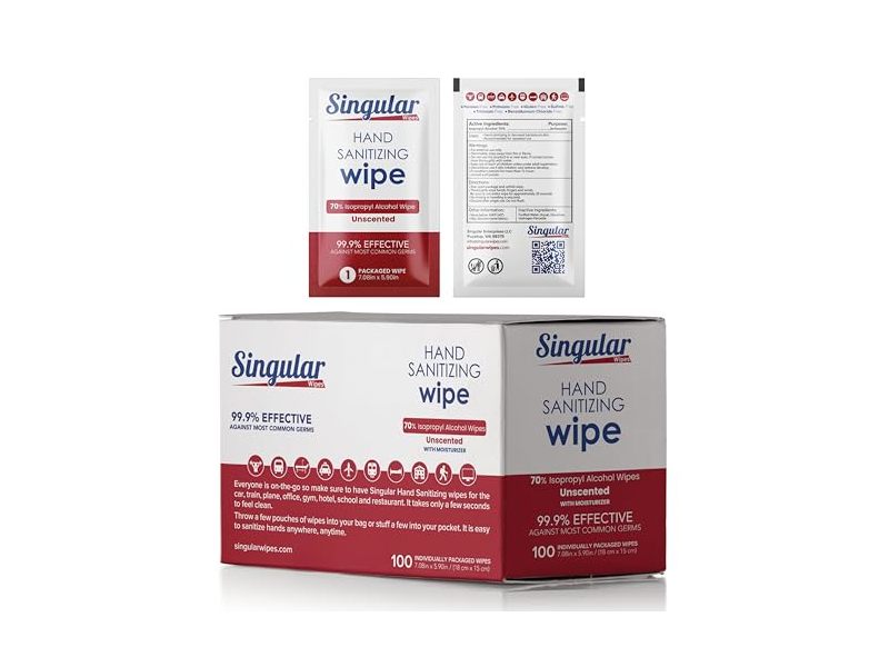Singular Wipes Hand Sanitizing Wipe, Unscented, 100 Count