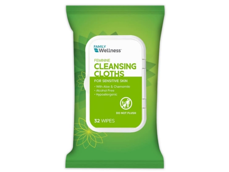 Family Wellness Feminine Cleansing Cloths, Aloe & Chamomile, 32 Count