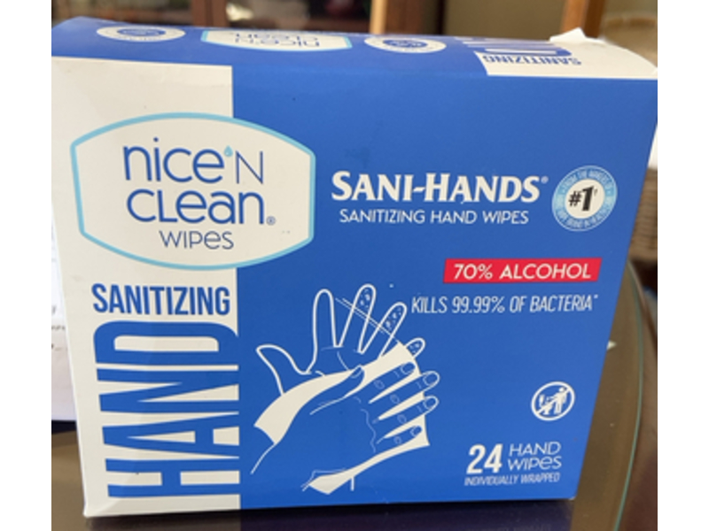 Nice'N Clean Wipes Sani-Hands Sanitizing Hand Wipes, 70% Alcohol, 24 Counts