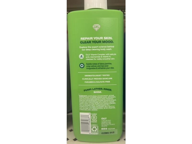 Olly Clear Mood + Skin Vitamin Infused Body Wash, Crisp Vetiver Pear, 17 fl oz/502 mL