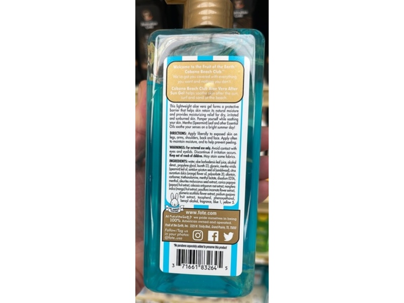 Fruit Of The Earth Cabana Beach Club Aloe Vera After Sun Gel, 16 oz/453 g