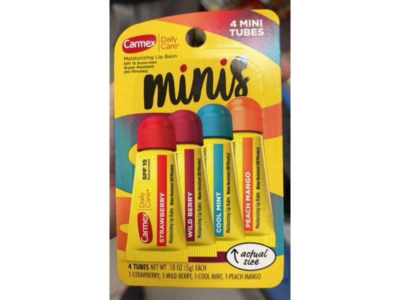 Carmex Daily Care Moisturizing Lip Balm, Cool Mint + Strawberry + Wild Berry, & Peach Mango, 0.18 oz/5 g, 4 Count