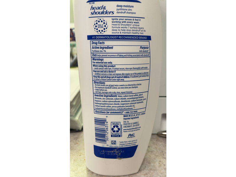 Head & Shoulders Deep Moisture Daily Shampoo, Avocado Oil, 12.5 fl oz/370 mL