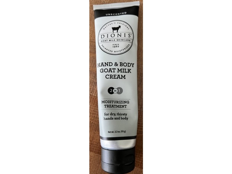 Dionis Hand and Body Goat Milk Cream, 2 In 1 Moisturizing Treatment, Unscented, 3.3 oz / 93 g