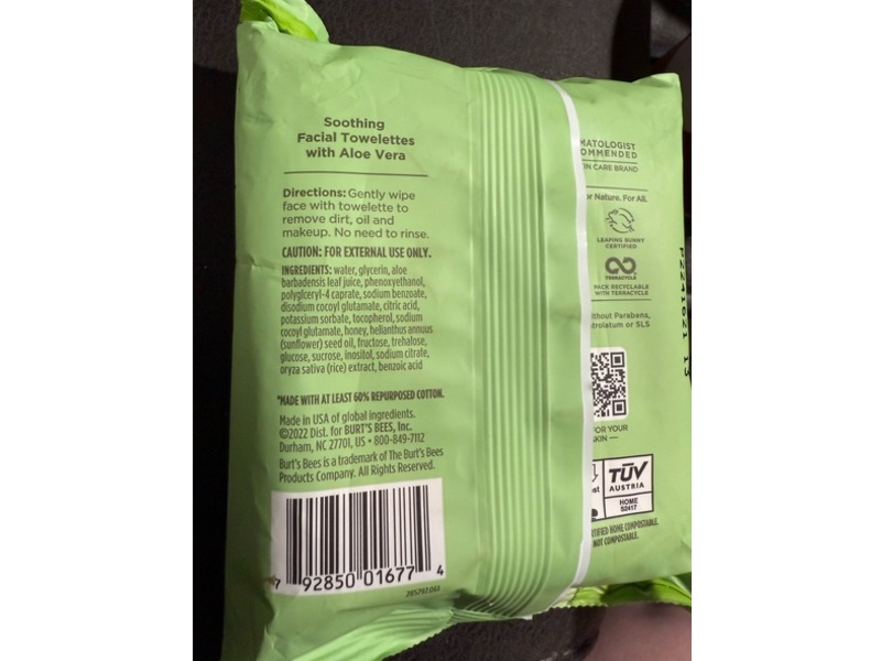 Burt’s Bees Soothing Aloe Vera Facial Towelettes 3 in 1, 30 Count, Pack Of 3