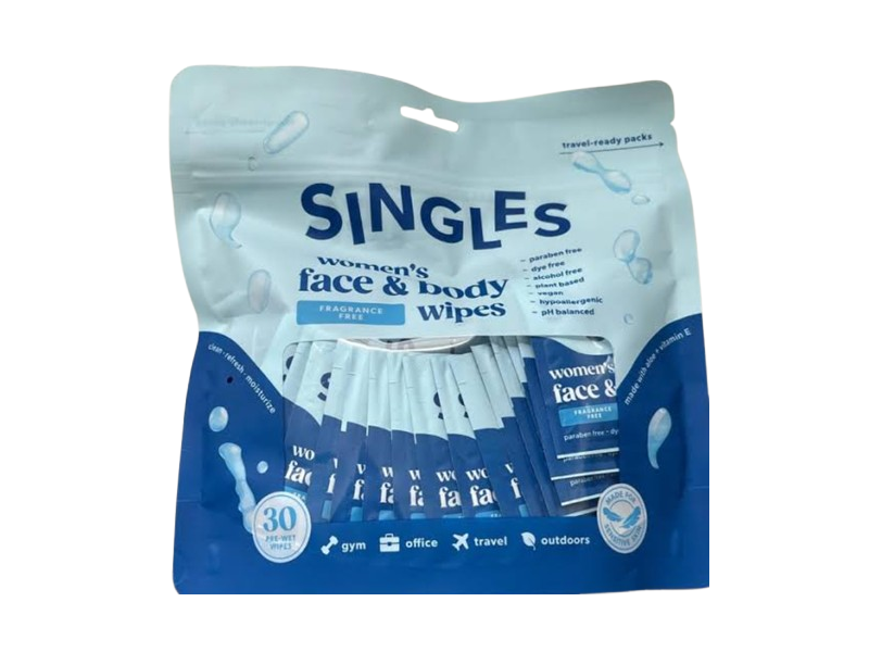 Singles Women's Face & Body Wipes, Fragrance Free, 30 Count