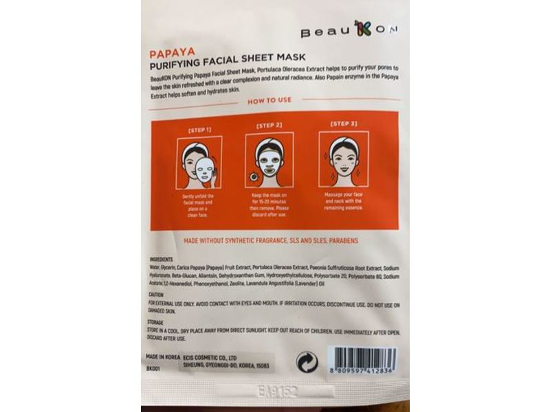 BeauKon Purifying Facial Sheet Mask, Papaya, 0.77 fl oz/23 mL, Pack Of 4