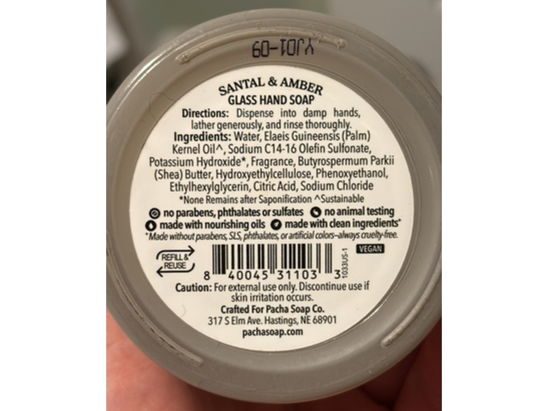 Pacha Soap CO Hydrating Hand Soap, Santal & Amber, 12.5 fl oz/370 mL
