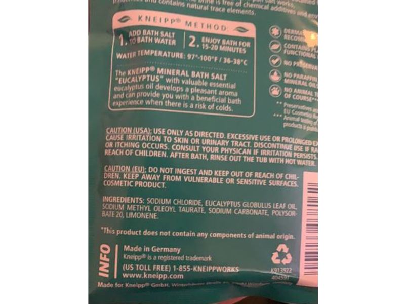 Kneipp Mineral Bath Salt, Eucalyptus, Essential Oils, 2.1 oz/60 g