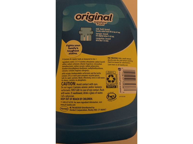 All Stainlifter Detergent, Original Sunshine Fresh, 66 Loads, 100 fl oz/2.95 L