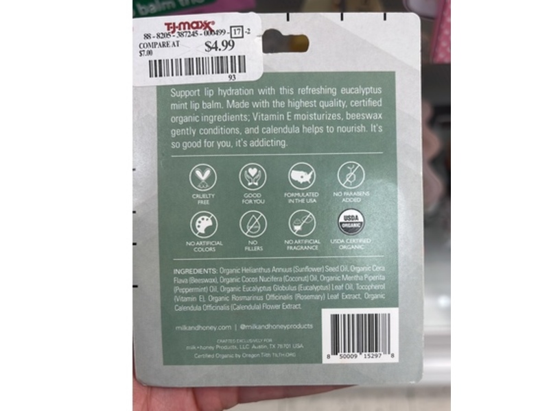 Milk + Honey Lip Balm, Eucalyptus Mint, 0.15 oz/4.25 g, Pack Of 3