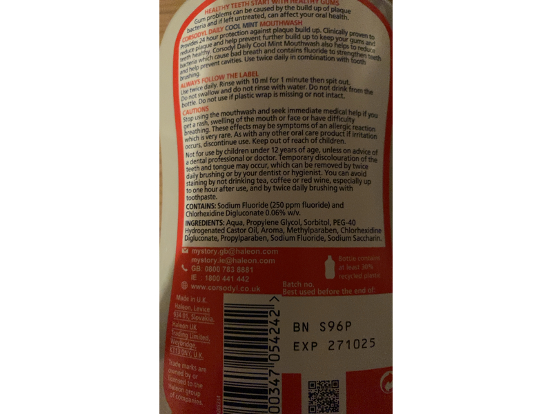 Corsodyl Daily Mouthwash, Cool Mint, 500 mL