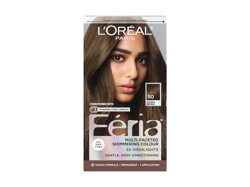 L'Oreal Paris Feria Multi-Faceted Shimmering Permanent Hair Color, 50 Havana Brown, 1 Application