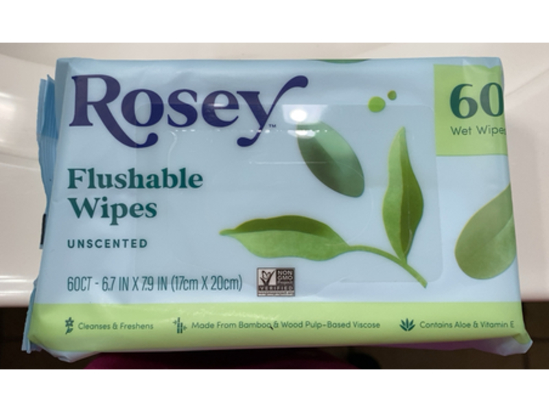 Rosey Flushable Wipes, Unscented, 60 Count