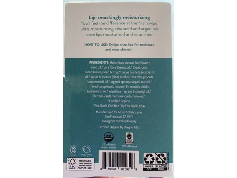 Rooted Beauty Smoothing Lip Balm, Chia Seeds & Argan Oils, Mint, 0.15 oz/4 g