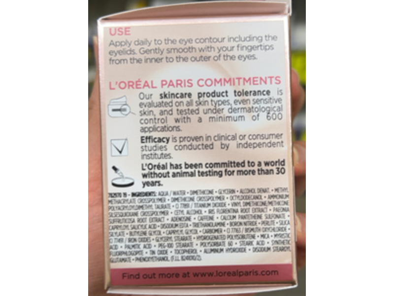 L'Oreal Paris Eye Rosy Radiant Care, Anti Sagging Corrects Darks Circles, Calcium B5 + Peony Polyphenols, 15 mL