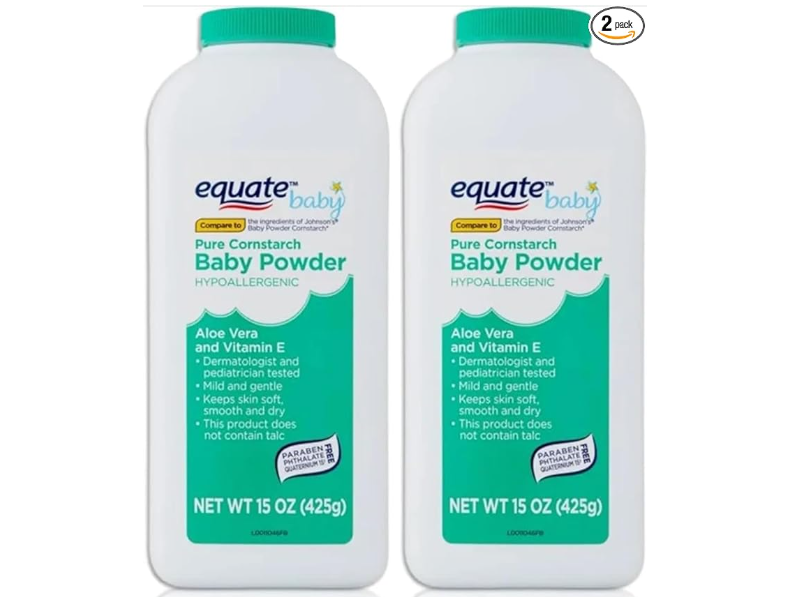 Equate Pure Cornstarch Baby Powder, Aloe Vera & Vitamin E, 15 oz/425 g, Pack Of 2