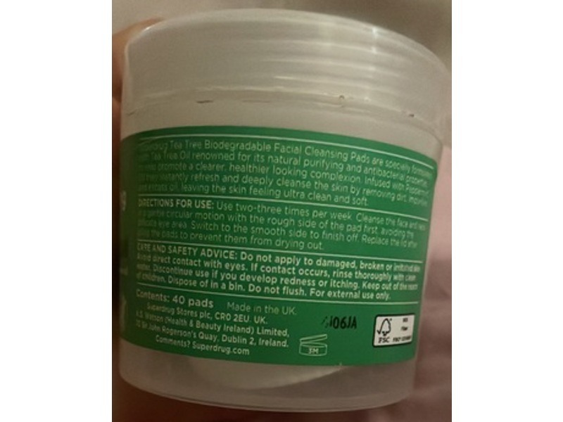 Superdrug Tea Tree Skin Care Cleansing Pads, Tea Tree Oil, 40 Count