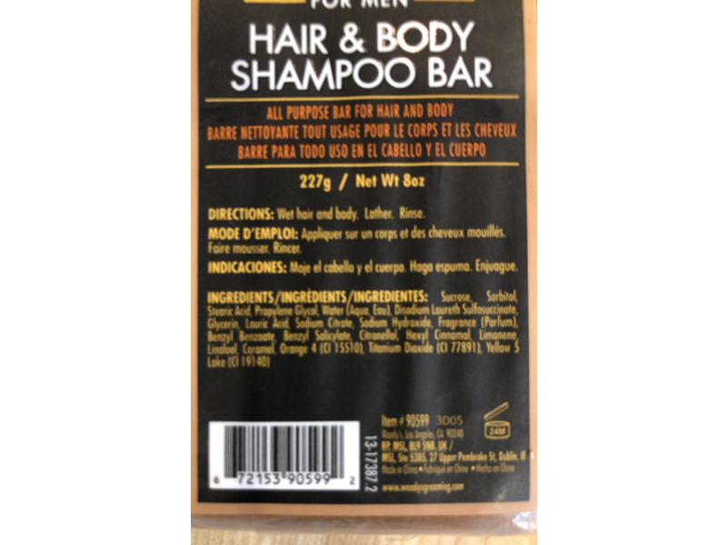 Woody's Men Hair & Body Shampoo Bar, 8 oz/227 g