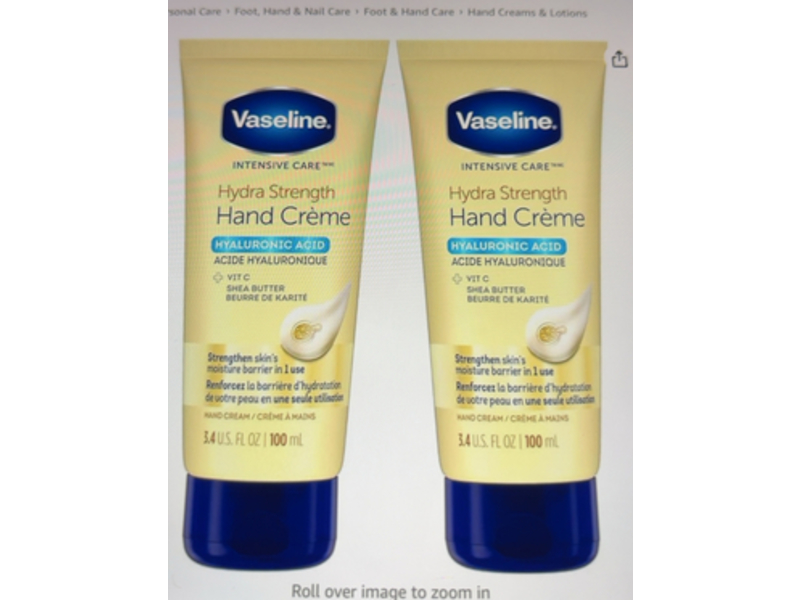 Vaseline Intensive Care Hydra Strength Hand Cream for Dry Skin, 3.4 fl oz/100 mL, Pack Of 2