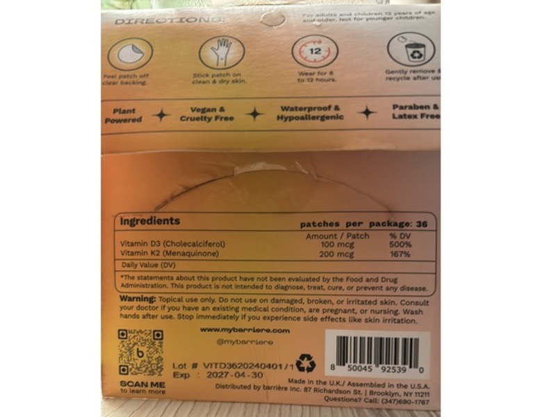 Barriere Hello Sunshine Clean Vitamin D3 Patch, 36 Count