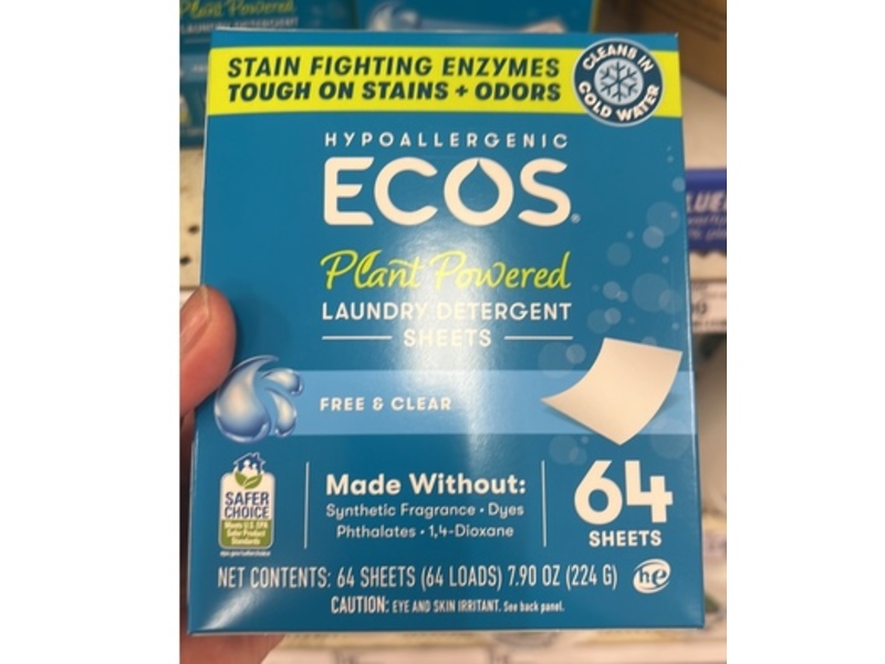 Ecos Laundry Detergent Sheets, 64 Loads, Free & Clear, 7.90 oz/224 g, 64 Count