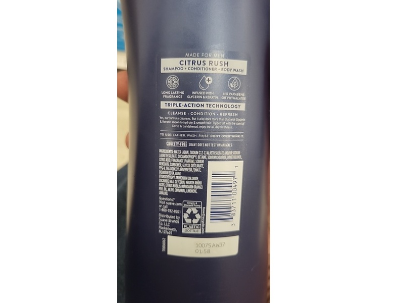 Suave Men Daily Clean Citrus Rush 3-In-1 Shampoo + Conditioner + Body Wash, Citrus & Sandalwood, 28 fl oz/828 mL